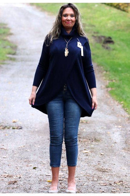 Dámské tmavě modré kvalitní rolákové šaty / LUnA MODA / XL-XXXXL (42/44/46/48/50/52)  prsa v klidu 130 cm, po natažení do 150 cm  / MODA ITALY