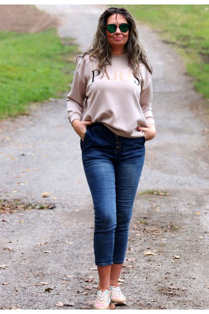 Dámská béžová luxusní mikina s nápisem / MOOIJ / XXL-XXXXL (44/46/48/50/52)  prsa v klidu 140 cm, po natažení  do 150 cm  / MODA ITALY