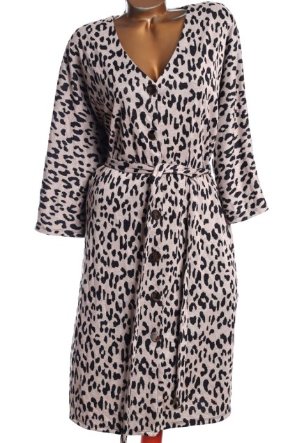 Dámské hnědo-černo leopardí teplé zimní šaty / WOLLIS / XXXL/XXXXL (50/52) / na štítku vel. 50 / UK 22 / ANGLIE