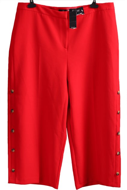 Dámské 3/4  moderní  červené kalhoty s vysokým pasem a knoflíky na nohavicích / F§F / XXXXL (52) / US 24 /ANGLIE