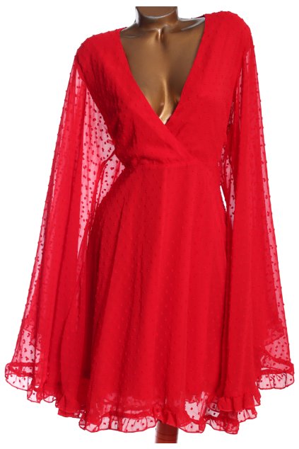 Dámské červené šaty se spodničkou a širokým rukávem / Boohoo / XXXL (50) / ANGLIE (22)