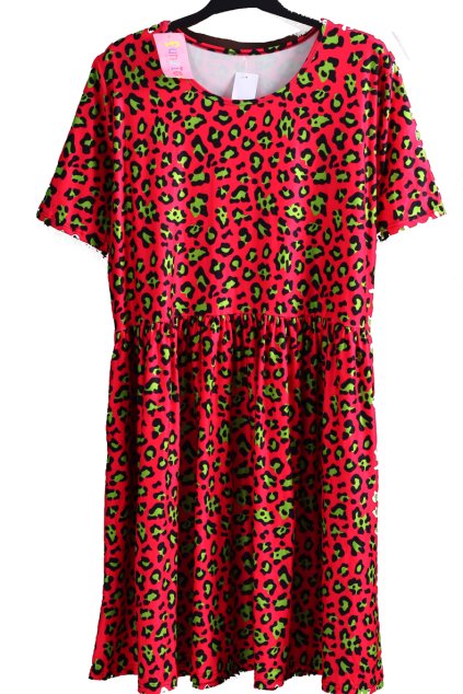 Dámské elastické, růžové šaty se zeleno-černým leopardím vzorem / Funzies / XXXL+ (50/52) / ANGLIE (22/24)