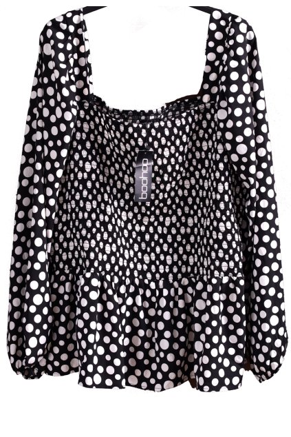 Dámská krásná jemná černá halenka s bílými puntíky na prsou elastické žabičkování  / XXXXL+ (56/58) / UK 28/30 / ANGLIE