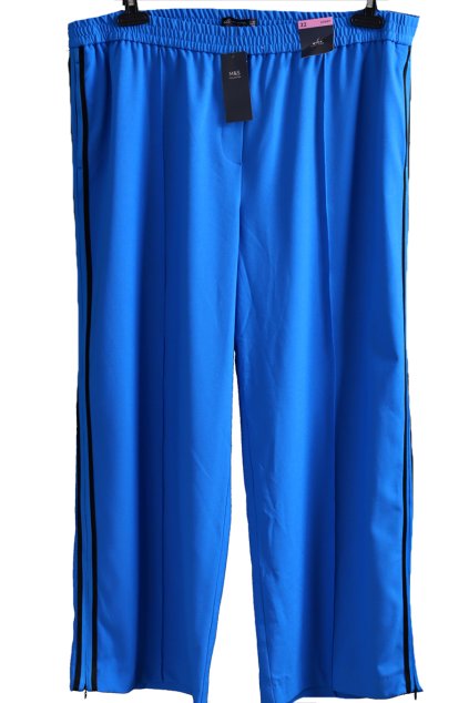 Dámské modré, luxusní kalhoty s černými pruhy na bokách/ M§S / původní cena: 1290Kč / XXXL (50) / UK 22 / ANGLIE