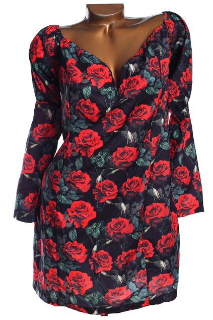 Dámské černé šaty s potiskem červených růží / Prettylittlething/ XXXL (48) / Uk 20 / ANGLIE