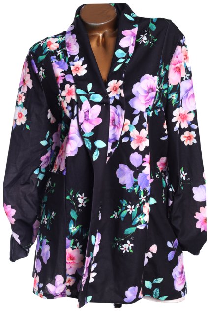 Dámské černé elastické sako s fialovými květy /FASHON GIRL / XXXXL (54) / UK 26  ANGLIE