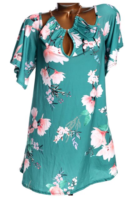 Dámské elastické, zelené šaty s růžovými květy a zlatým řetízkem na výstřihu / Yours /  (48/50)