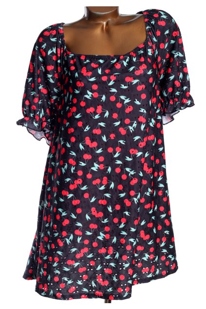 Dámská černá elastická halenka či šaty se vzorem třešní / LIMITED COLLECTION /XXXXL (52) / UK 24 / ANGLIE