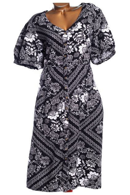 Dámské čern- bílé - kvaitní lněné a viscosové šaty s knoflíky a bílými květy / NEXT / XXXXL (52) / UK 24/ ANGLIE