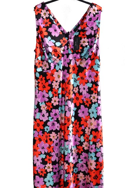 Dámské černé saténové šaty s fialovými, modrými a oranžovými květy / NEW LOOK  / XXXXL+ (56/58) / UK 28/30  ANGLIE