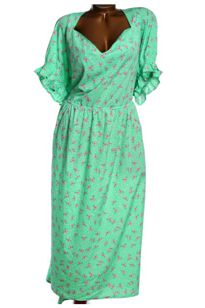 Dámské zelené šaty s růžovými květy a bíými puntíky /LIMITED  / XXXXL+ (58/60) / UK 30/32 / ANGLIE
