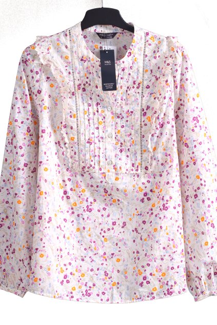 Dámská bílá halenka s fialovými, oranžovými a modrými květy / MS / XXL (46/48) / UK 18 / ANGLIE