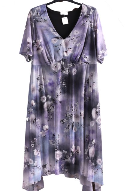 Dámské elastické černo-bílo-fialové šaty s bílými květy  / YOURS / XXXXL 52 / UK 24 / ANGLIE