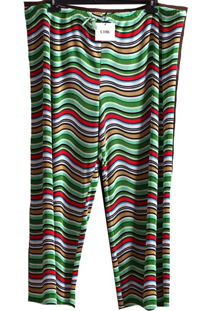 Dámské natahovací plisové zeleno-bílo-černo-modro-červeno-žluté kalhoty  / The CHIC hero/ XXXXL/XXXXL+ (52/54/56/58) na štítku 54 / UK 24 / ANGLIE