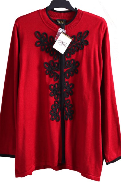 Dámský značkový červený svetr s černými vzory / Bob Mackie / XXXXL (50/52/54+) / UK 22/24 / ANGLIE
