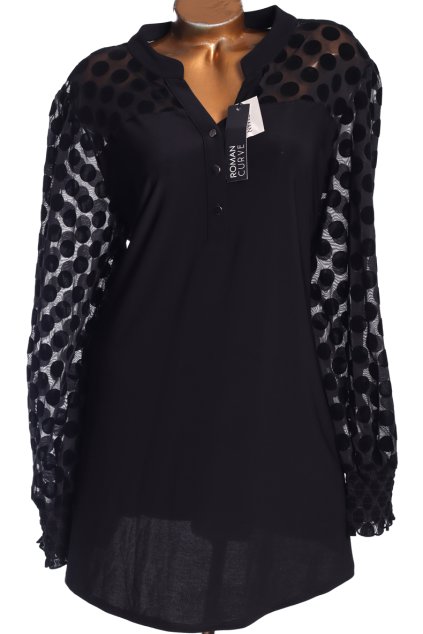 Dámská luxusní černá delší halenka/ šaty s puntíky na rukávech / ROMAN / XXXXL (50/52) / UK 22/24 / ANGLIE