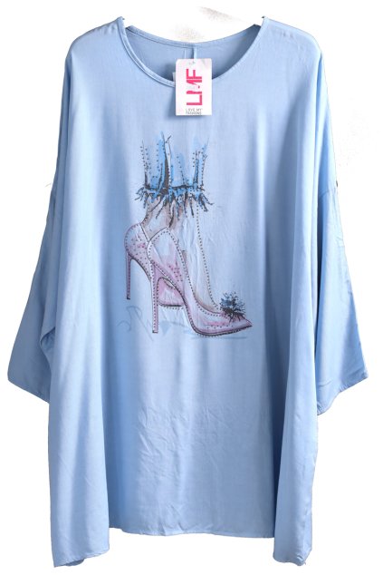 Dámské modré šaty s kamínky a obrázkem bot / LMF / XXXXL (52) / UK 24 / ANGLIE