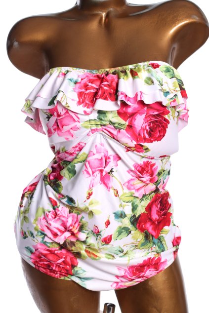 Dámské bílé jednodílné plavky s motivem růží / Marks&Spencer / XXXL (50) / UK 22  / ANGLIE