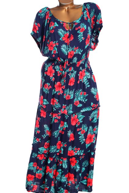 Dámské modré šaty s červenými květy a zelenými listy  / YOURS / XXXXL(+) (58/60)  /UK 30/32 / ANGLIE