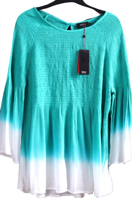Dámská LUXUSNÍ , ZNAČKOVÁ tyrkysovo-bílá luxusní halenka, se žabičkováním PC 1500,-  / KLASS - XXXL (50) / UK 22 / ANGLIE