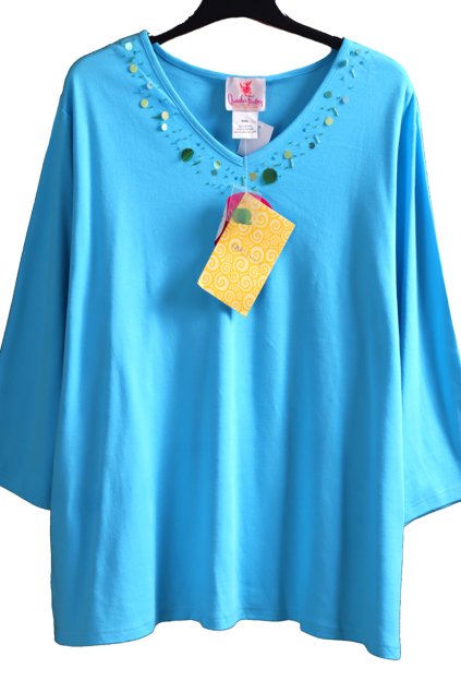 Dámská modrá halenka se zelenými korálky   / Quacker Factory - XXXL (48/50/52++) / UK 20/22/ ANGLIE