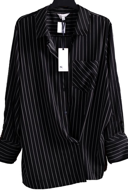 Dámská černá LUXUSNÍ košile s bílými pruhy A ZAJÍMAVÝM ZAPÍNÁNÍM  PC - 2100,-  / N. / XXXXL (52) / UK 24 / ANGLIE