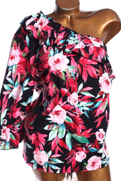 Dámská černá halenka s růžovými květy na jedno rameno / BY VERY  / XXXL (48/48) / UK 20 / ANGLIE