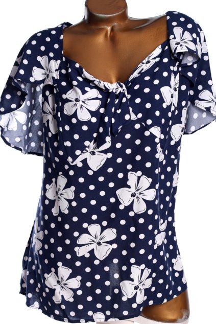 Dámská tmavě modrá halenka s bílými puntíky a květy  / LORALETTE / XXXXL (54/56) / UK 26/28 / ANGLIE