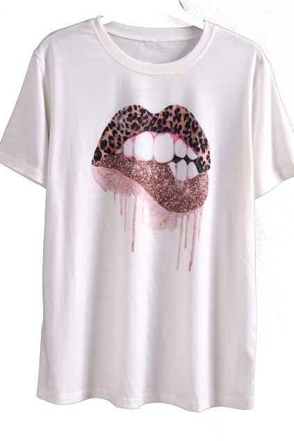 Dámské bílé triko s barevnou pusou s leopardím vzorem a třpytky  / XXXL (48/50)/ UK 20/22 / ANGLIE