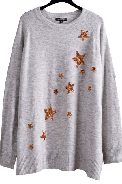 Dámský šedý svetr s flitrovými hvězdami  / BONMARCHÉ / XXXXL (52) / UK 24 / ANGLIE