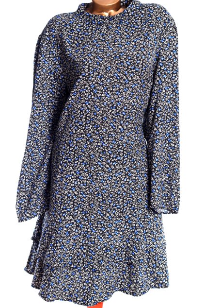 Dámské černé šaty s modrými a bílými květy / TALL  /  XXXL (50) / UK 22 / ANGLIE