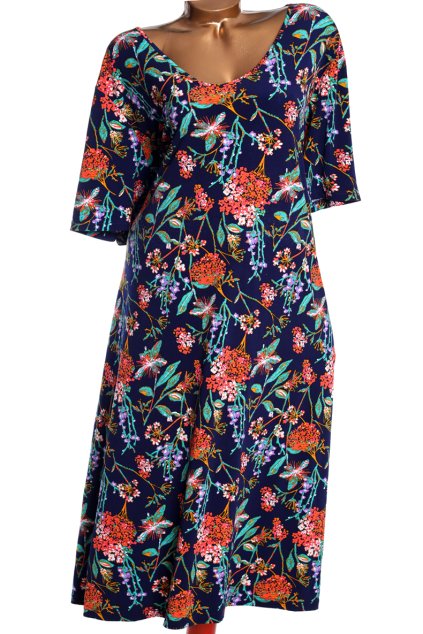 Dámské tmavě modré šaty s barevnými květovými vzory  / ULLA POPKEN / XXXXL+ (60/62) UK 32/34/ ANGLIE