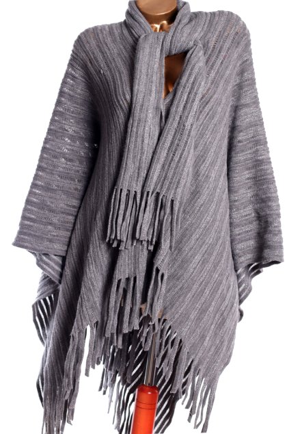 Dámské šedé svetrové pončo s třpytivou nitkou a třásněmi / W / oversize