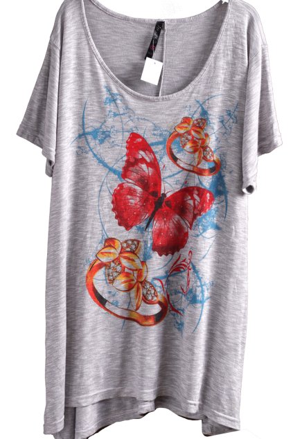 Dámská šedá svetrová halenka s motýlem, modrými vzory a prsteny / IVANS / XXXXL (54-56) / UK 26/28/ ANGLIE