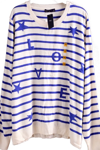 Dámský krémovo-modrý pruhovaný svetr s nápisem a hvězdami / Marks & Spencer / XXXXL (52) / UK 24 / ANGLIE