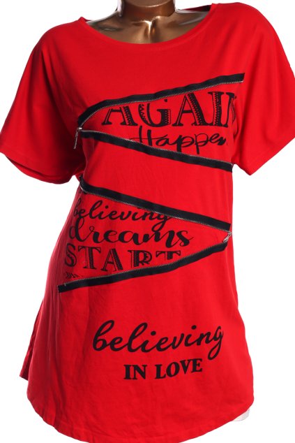 Dámké červené triko s nápisy a zipem / SERAJ  / XXXL (48/50) /  UK 20/22 / ANGLIE