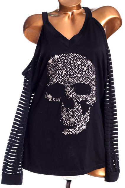 Dámská černá halenka s třpytivou lebkou a pruhovanými rukávy / XXXL (50) / UK 22 / ANGLIE