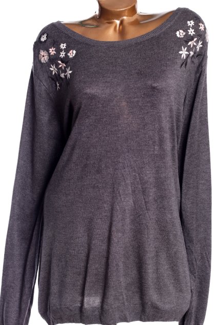 Dámský  šedý svetr s květy  / EVANS / (58/60) / UK 30/32 / ANGLIE