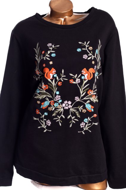 Dámská černá mikina s květinovými vzory a veverkami / TU / XXXXL (52) / UK 24/ ANGLIE