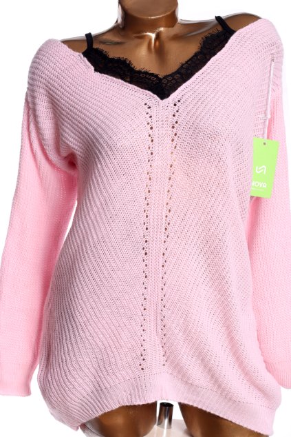 Dámský růžový svetřík s černou krajkou s výstřihem do V / (48/50) / UK 20/22  / ANGLIE