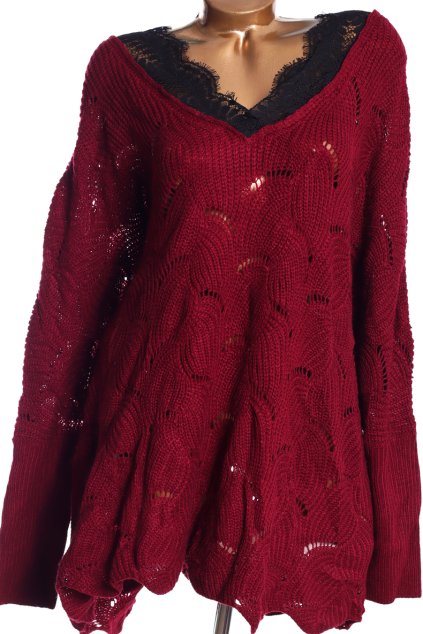 Dámský vínový svetřík s černou krajkou s výstřihem do V / (58/60) / UK 30/32  / ANGLIE