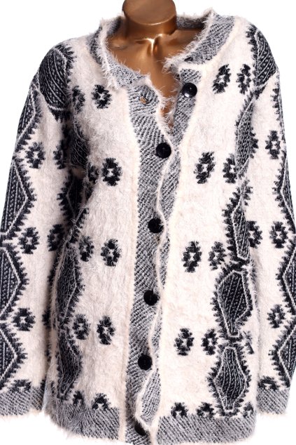 Dámský černo-bílo-stříbrný vzorovaný propínací svetřík - kabát / DAMART / XXXL (50/52) / UK 22/24/  ANGLIE