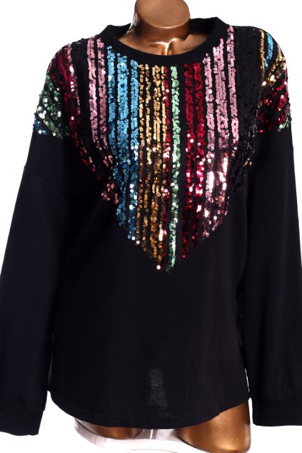 Dámská černá mikina s barevnými flitrovými pruhy  /  XXXL (50/52) / UK 22 / ANGLIE