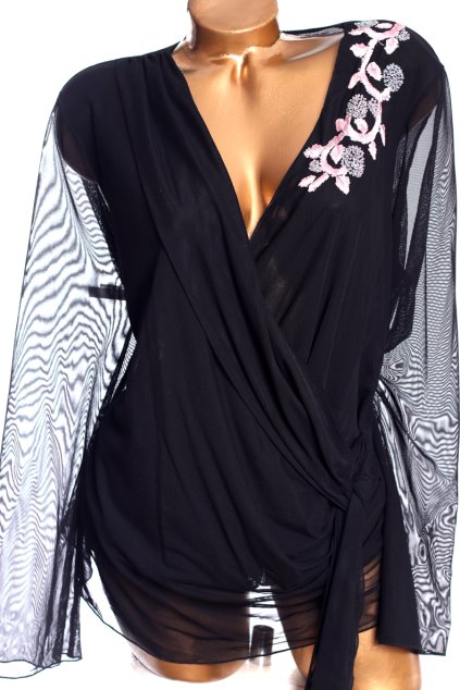 Dámská černá halenka s květy u dekoltu, průsvitná / MONSOON / XXXL (50) / UK 22 / ANGLIE