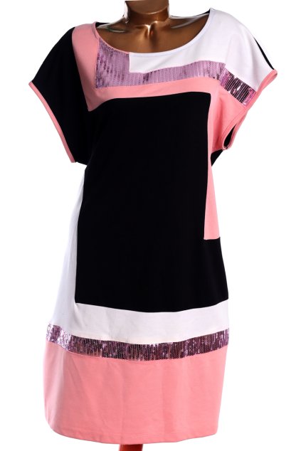 Dámká černé šaty s růžovými a bílými vzory a flitry / XXXL (48/50) / UK 20/22 / ANGLIE