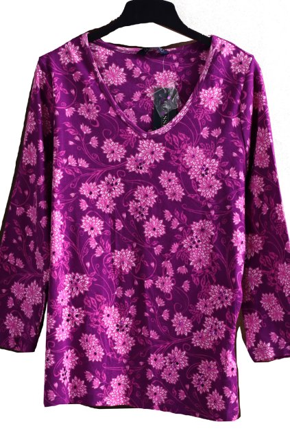 Dámské fialové triko s dlouhým rukávem s růžovými květy a kamínky /  CLASSICS  / XXXL (44) / UK 16 / ANGLIE