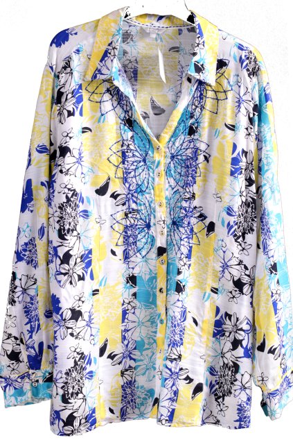 Dámská bílá košile se žluto-modro-černými květovými vzory  / PERUNA  / XXXL (50) / UK  (22) /  ANGLIE
