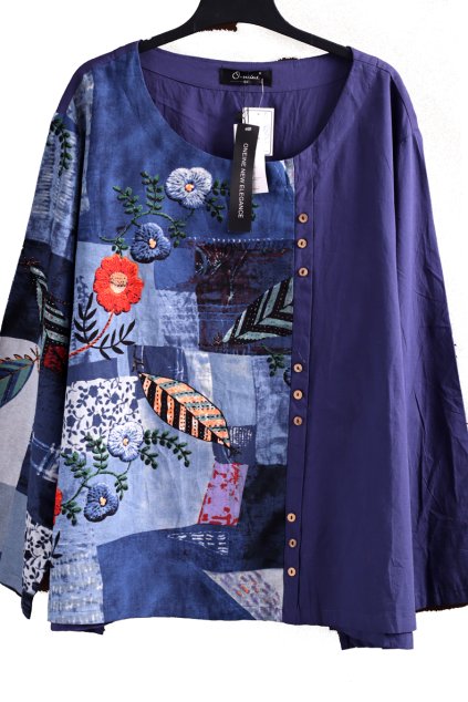 Dámská modrá košile s barevnými vzory a květy / O - NELEI / XXXXL (54) / UK 26 ANGLIE