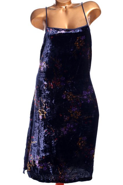 Dámské modré sametové , značkové  šaty s květy / PER UNA / XXL (46) // UK 18 / ANGLIE
