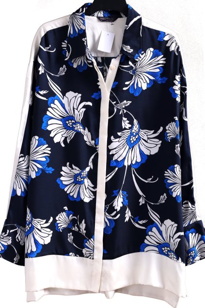 Dámská saténová černo-bílá košile s modro-bílými květy / Marks & Spencer/ XXXL (48/50) / UK 20 / ANGLIE